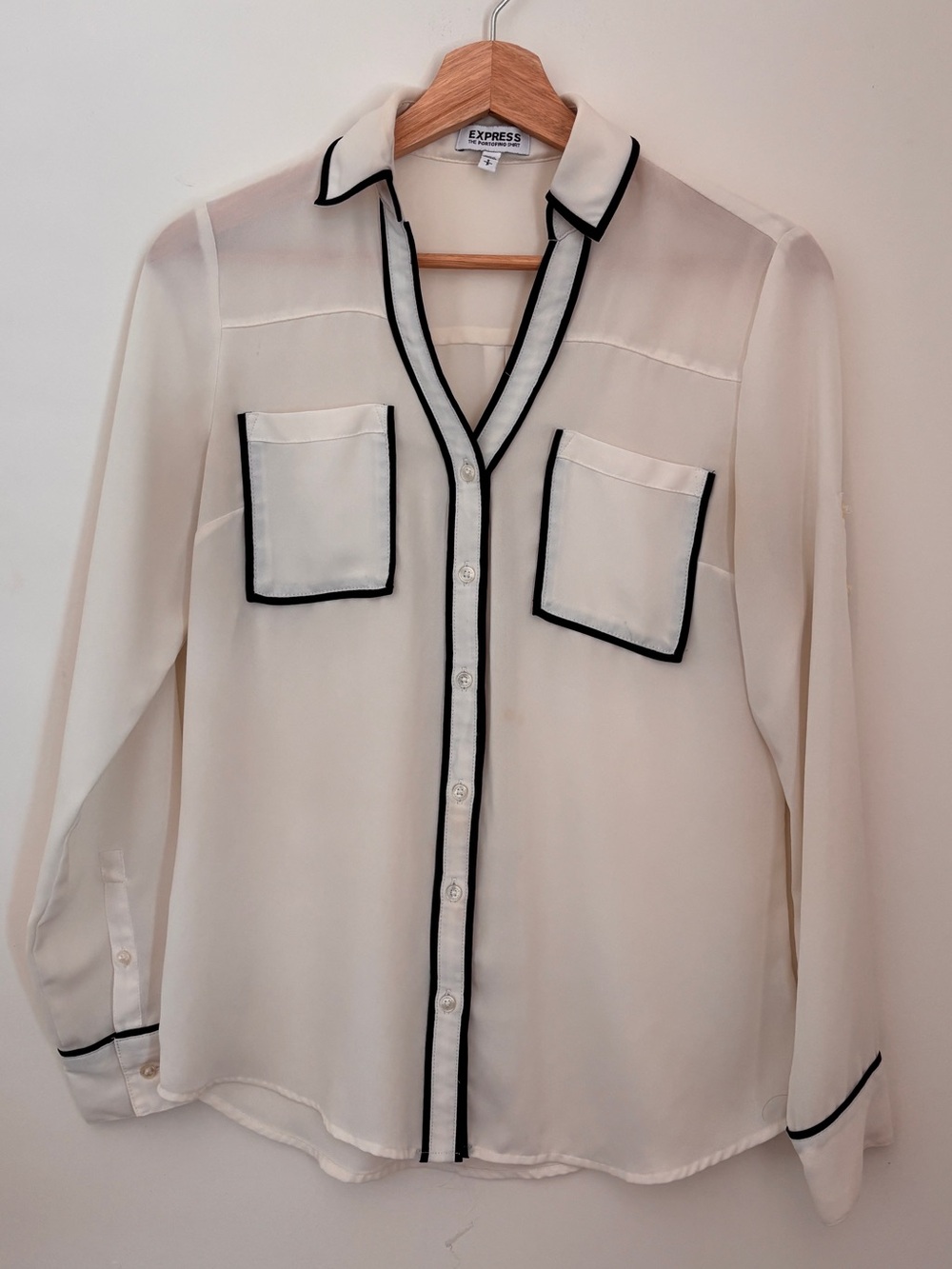 Express Cream Button-Down Blouse with Black Piping